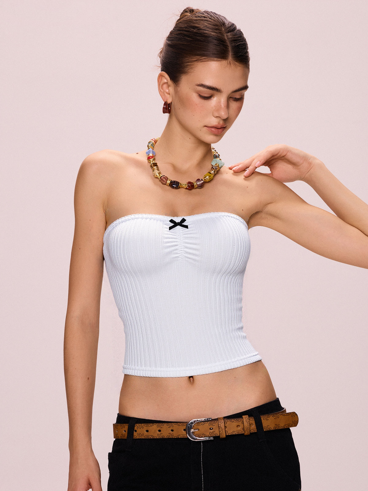 Solid Textured Bow Bandeau Top