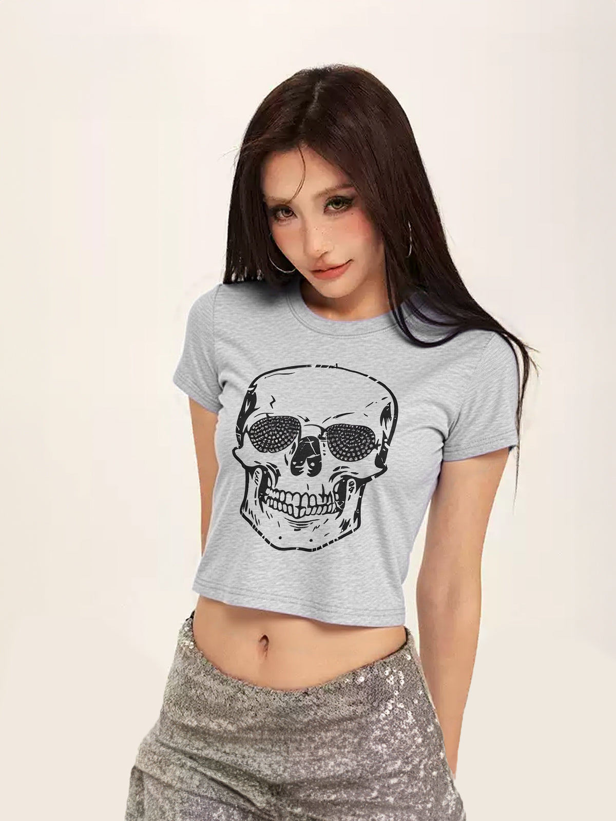 Skull Rhinestone Print Short Sleeve Tee