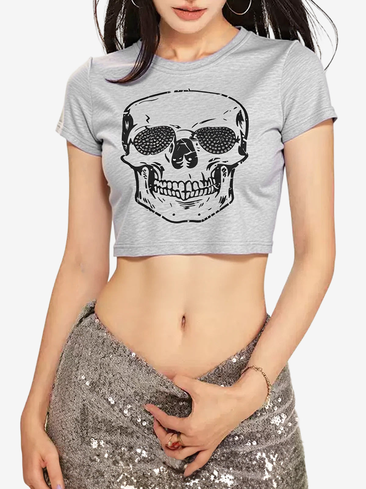 Skull Rhinestone Print Short Sleeve Tee
