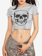 Skull Rhinestone Print Short Sleeve Tee