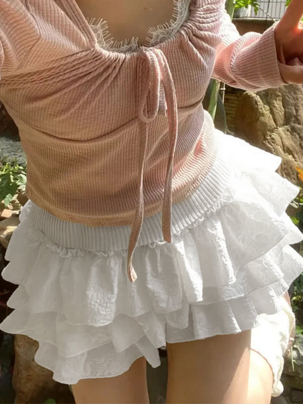 Solid Textured Tiered Shorts