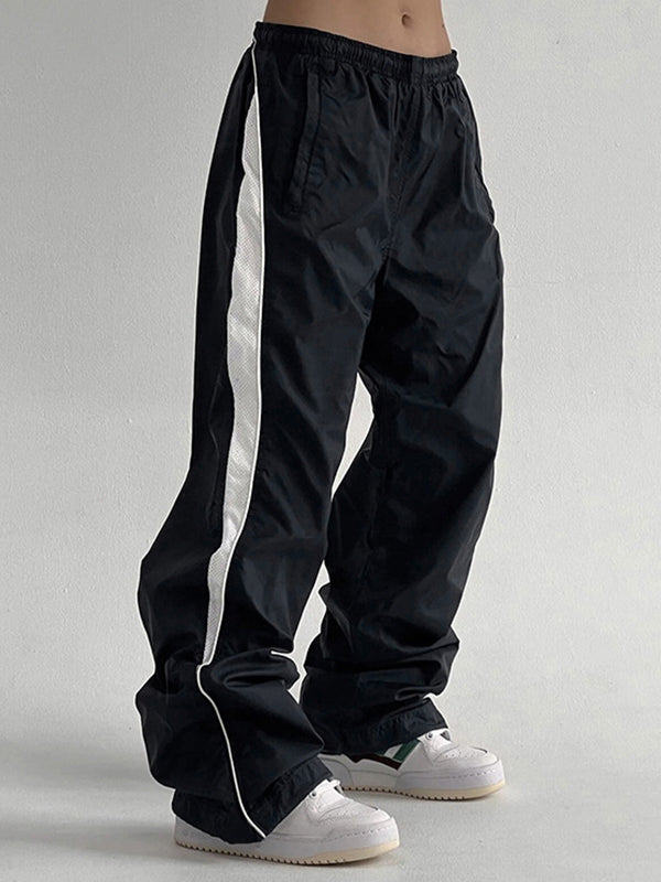 Contrast Splice Elastic Waist Bound Feet Wide Leg Pants