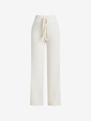 Solid Turned Waist Tie Up Flare Leg Pants