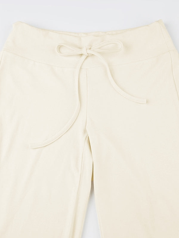 Solid Turned Waist Tie Up Flare Leg Pants