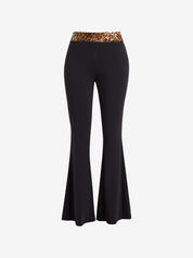 Leopard Splice Elastic Waist Flare Leg Pants