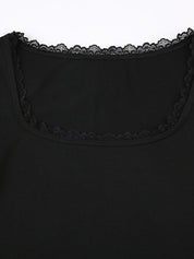 Lace Trim Splice Square Neck Crop Short Sleeve Tee