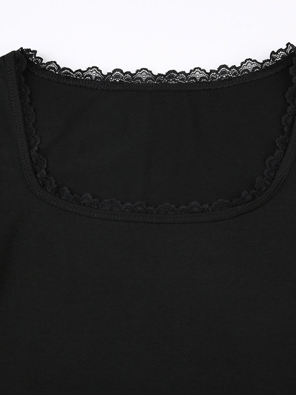 Lace Trim Splice Square Neck Crop Short Sleeve Tee