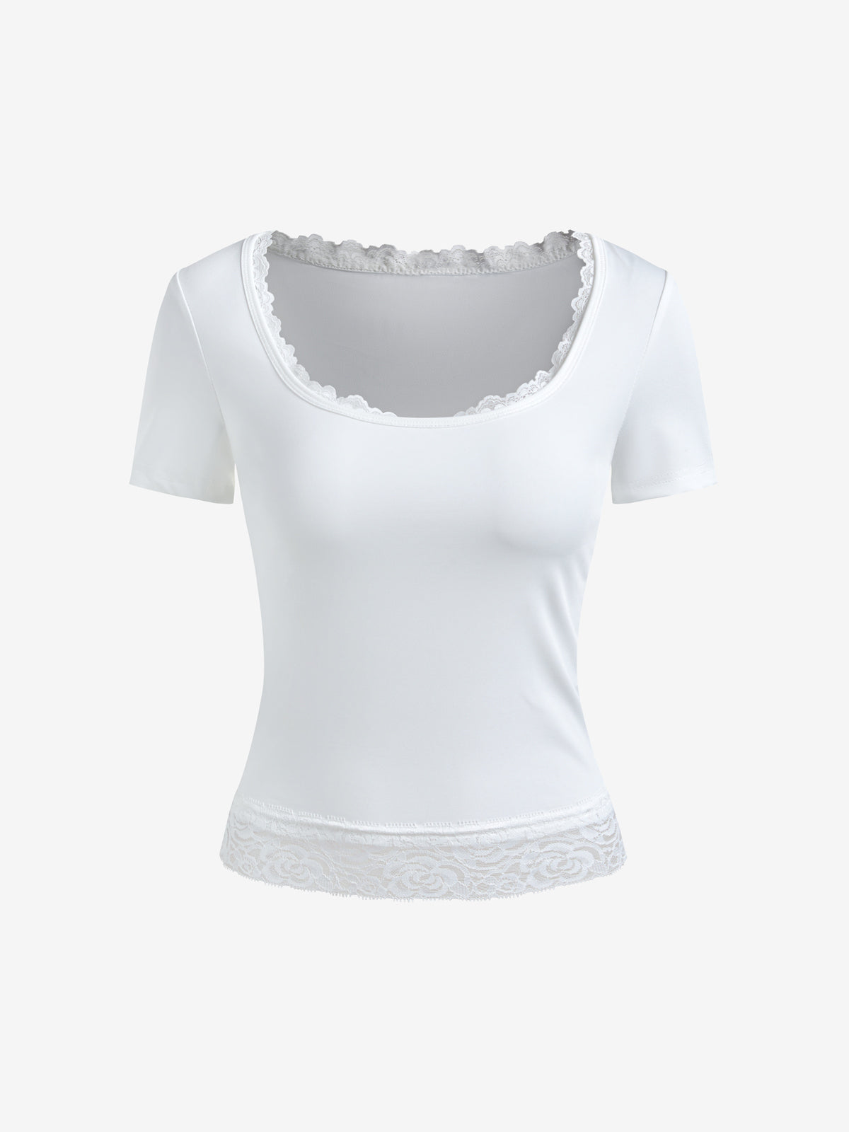 Lace Trim Splice Square Neck Crop Short Sleeve Tee