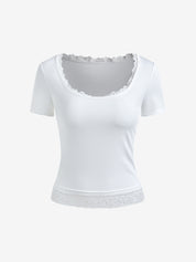 Lace Trim Splice Square Neck Crop Short Sleeve Tee
