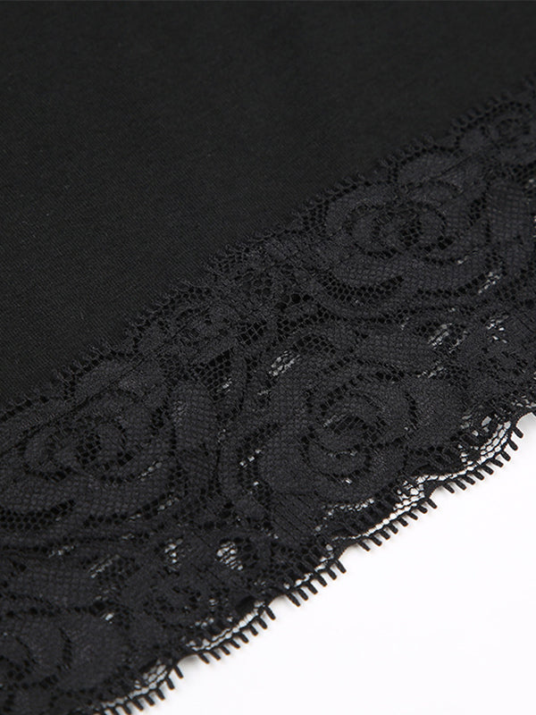 Lace Trim Splice Square Neck Crop Short Sleeve Tee