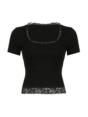 Lace Trim Splice Square Neck Crop Short Sleeve Tee