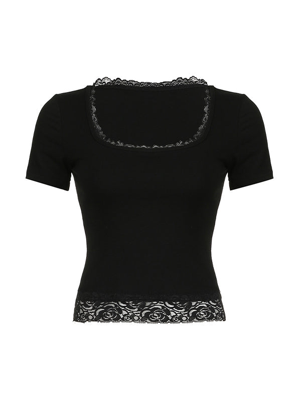 Lace Trim Splice Square Neck Crop Short Sleeve Tee