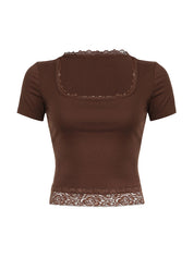 Lace Trim Splice Square Neck Crop Short Sleeve Tee