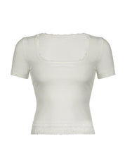 Lace Trim Splice Square Neck Crop Short Sleeve Tee
