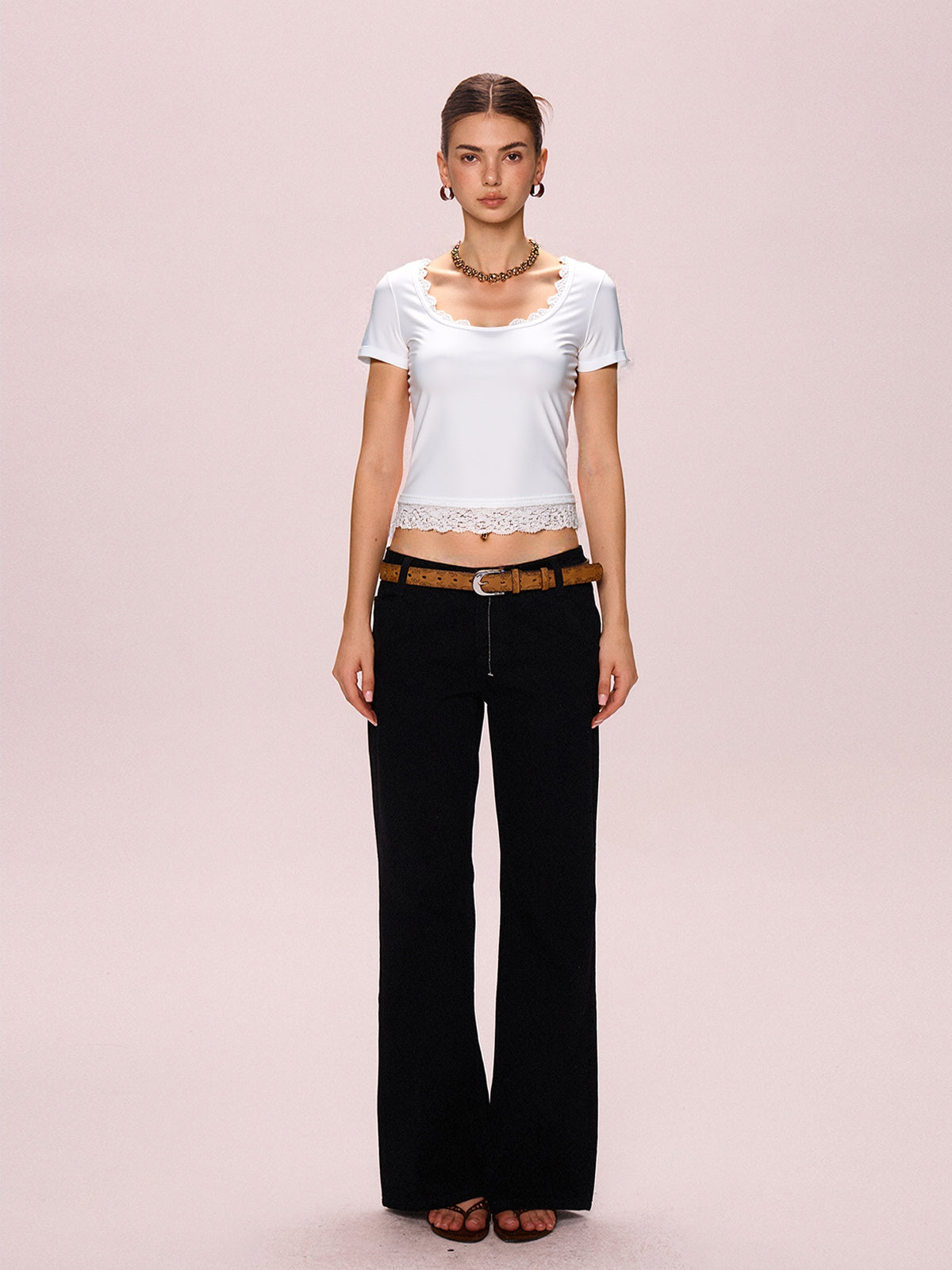 Lace Trim Splice Square Neck Crop Short Sleeve Tee