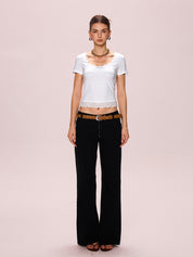 Lace Trim Splice Square Neck Crop Short Sleeve Tee