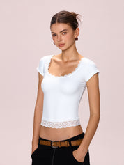 Lace Trim Splice Square Neck Crop Short Sleeve Tee