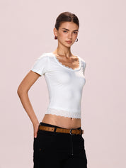 Lace Trim Splice Square Neck Crop Short Sleeve Tee