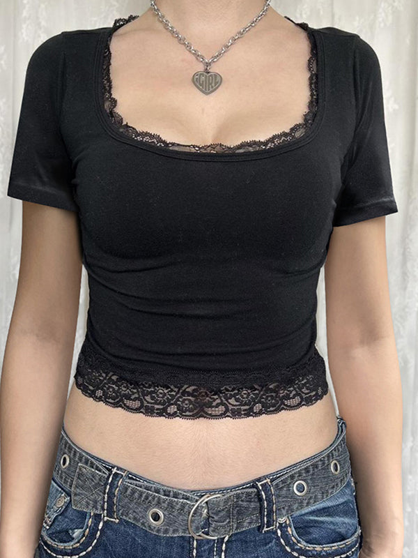Lace Trim Splice Square Neck Crop Short Sleeve Tee