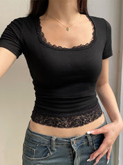 Lace Trim Splice Square Neck Crop Short Sleeve Tee