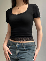 Lace Trim Splice Square Neck Crop Short Sleeve Tee