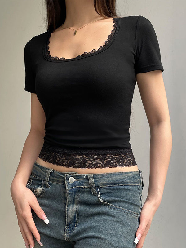 Lace Trim Splice Square Neck Crop Short Sleeve Tee