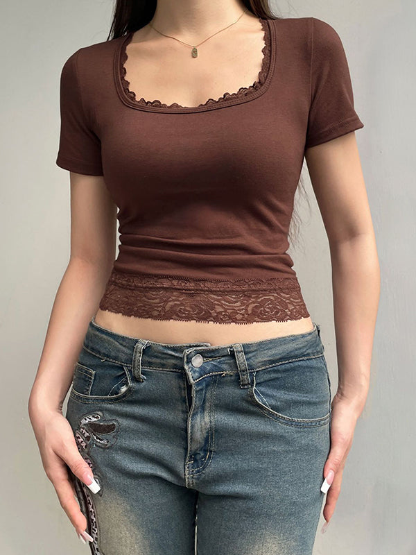 Lace Trim Splice Square Neck Crop Short Sleeve Tee