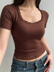 Lace Trim Splice Square Neck Crop Short Sleeve Tee