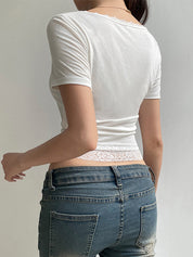 Lace Trim Splice Square Neck Crop Short Sleeve Tee