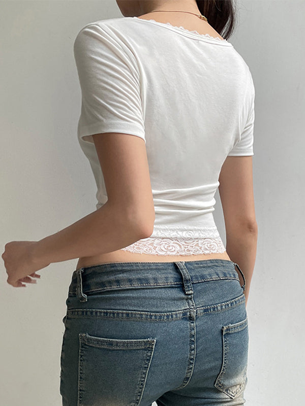 Lace Trim Splice Square Neck Crop Short Sleeve Tee