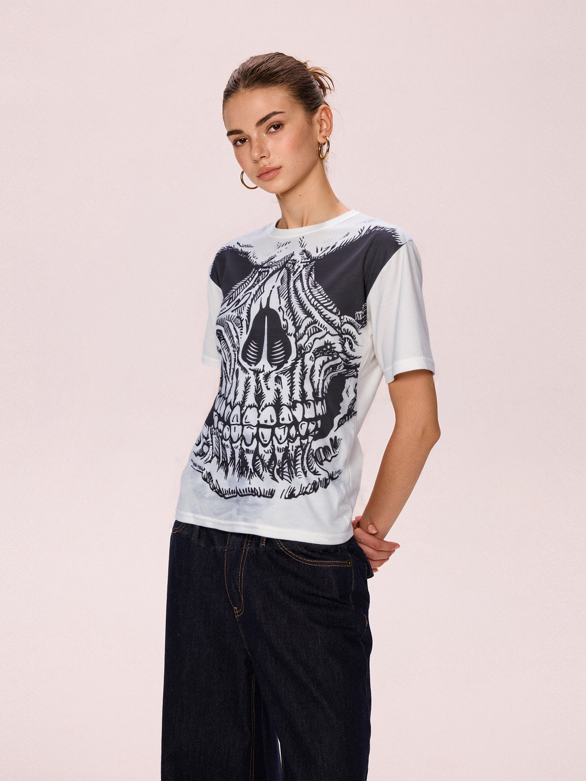 Skull Print Oversized Short Sleeve Tee