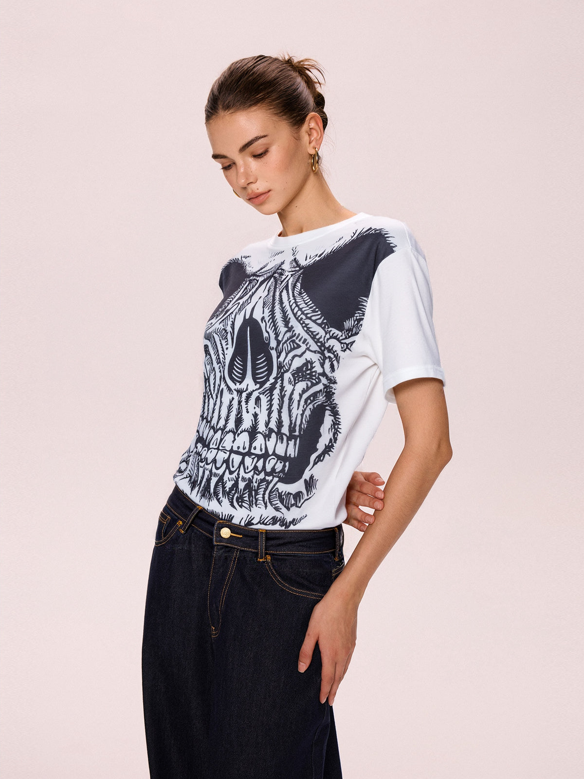 Skull Print Oversized Short Sleeve Tee