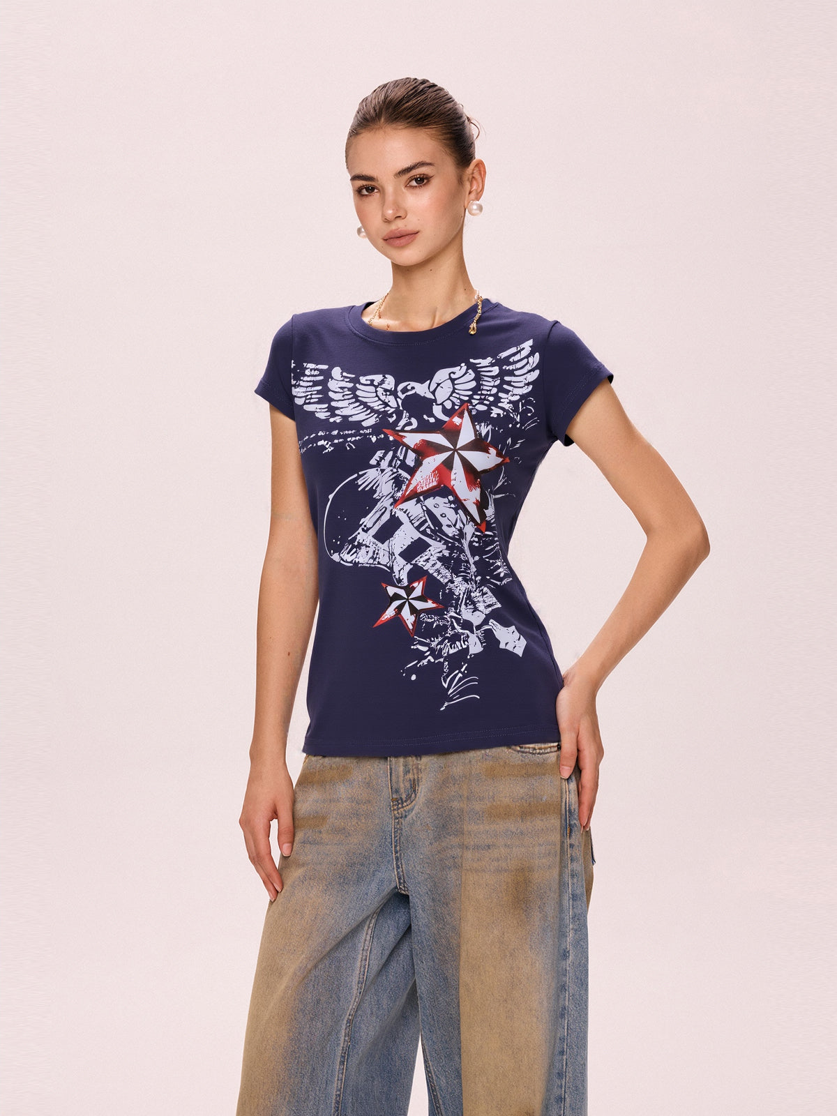 Star Graphic Print Oversized Short Sleeve Tee