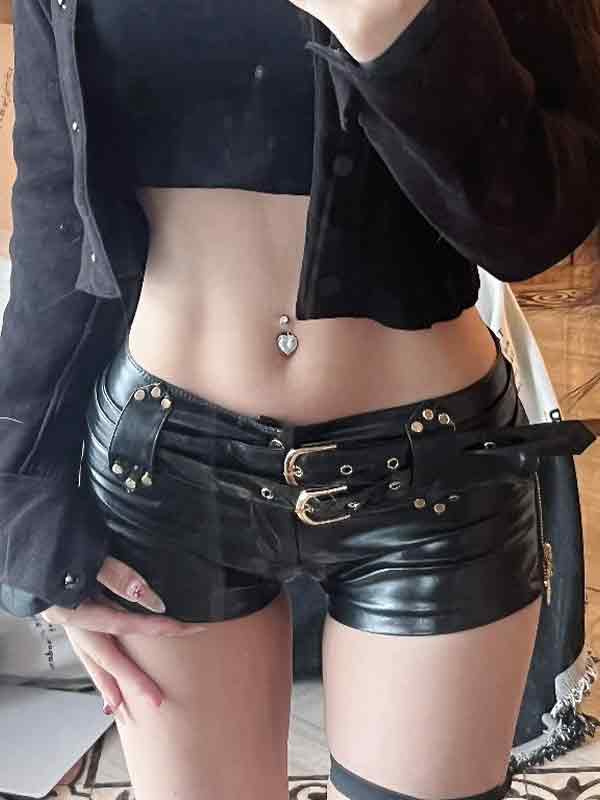 Dark leather hollow Shorts