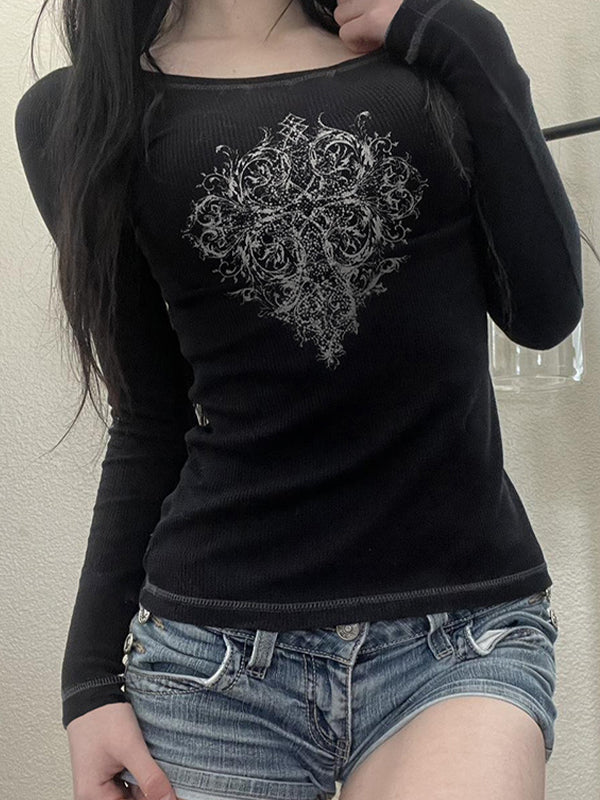 Dark Graphic Print Long Sleeves Tee