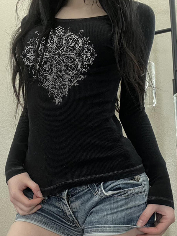 Dark Graphic Print Long Sleeves Tee