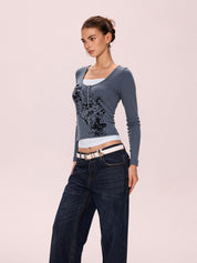 Vintage Butterfly Print Long Sleeve Knits