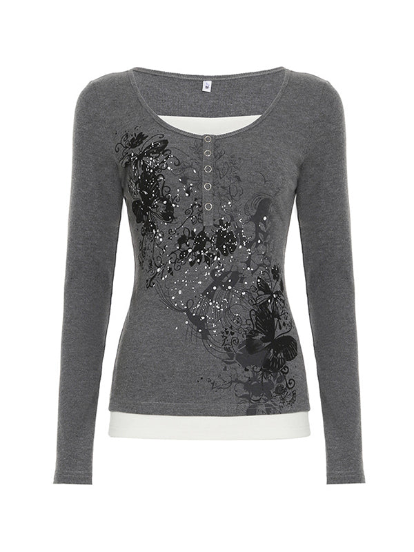 Vintage Butterfly Print Long Sleeve Knits