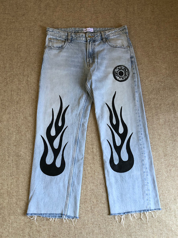 Men's Flame Print Loose Jeans