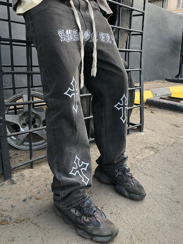 Men's Cross Print Loose Jeans