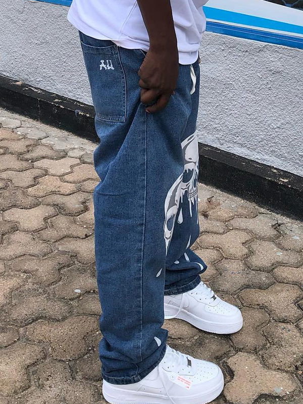 Men's Skull Print Loose Jeans