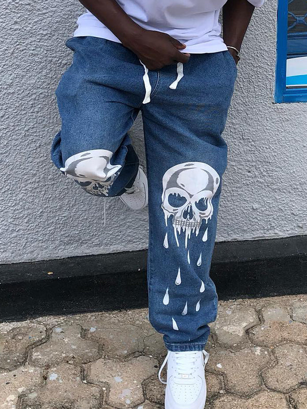 Men's Skull Print Loose Jeans