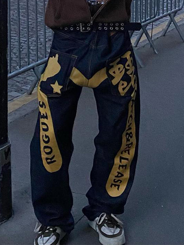 Men's Skull Letter Print Loose Jeans