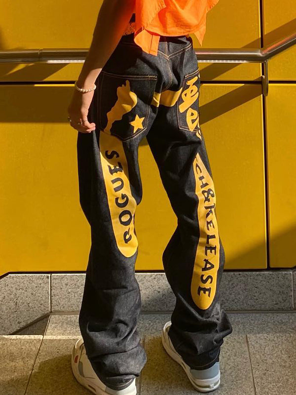 Men's Skull Letter Print Loose Jeans