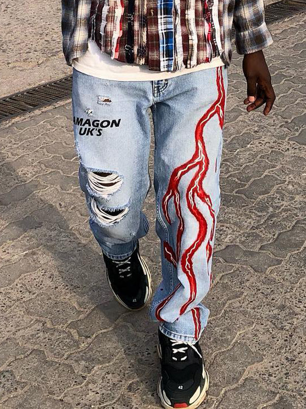 Men's Lightning Print Loose Jeans