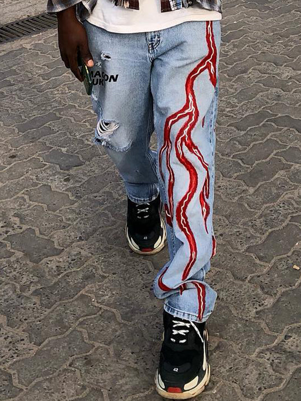 Men's Lightning Print Loose Jeans