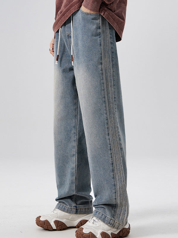 Men's Washed Aged Side Stripe Loose Jeans