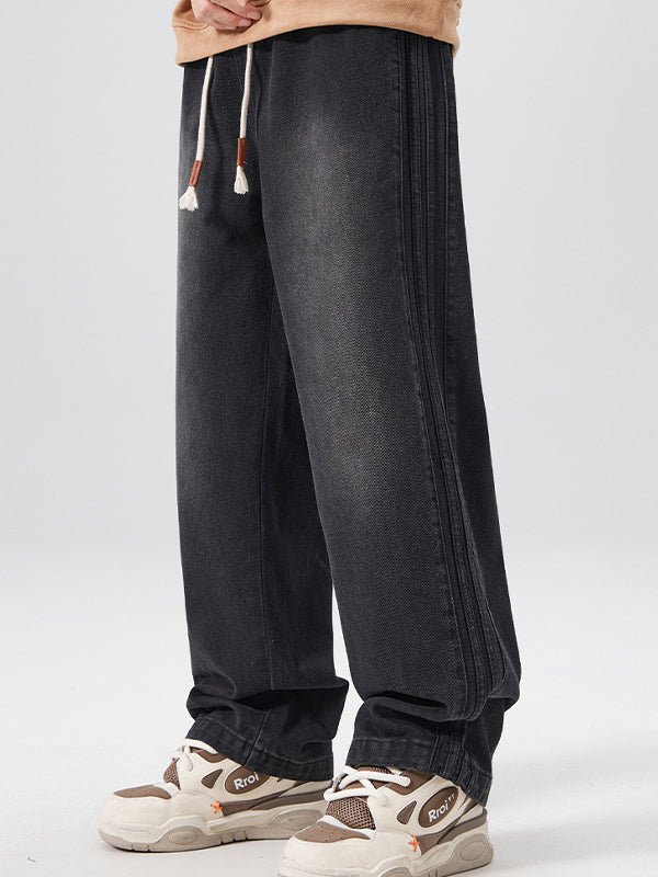 Men's Washed Aged Side Stripe Loose Jeans
