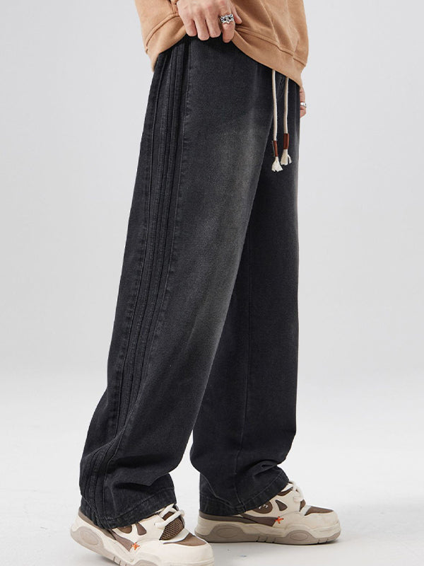 Men's Washed Aged Side Stripe Loose Jeans