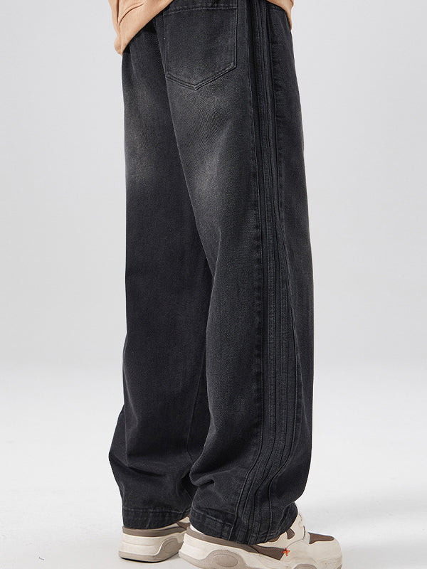 Men's Washed Aged Side Stripe Loose Jeans